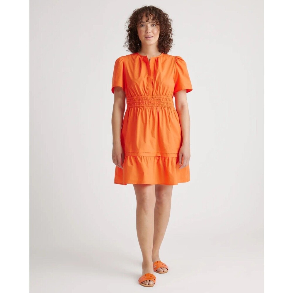 Quince Sz Medium Organic Cotton Tiered Mini Dress Vermillion Red/Orange New NWT